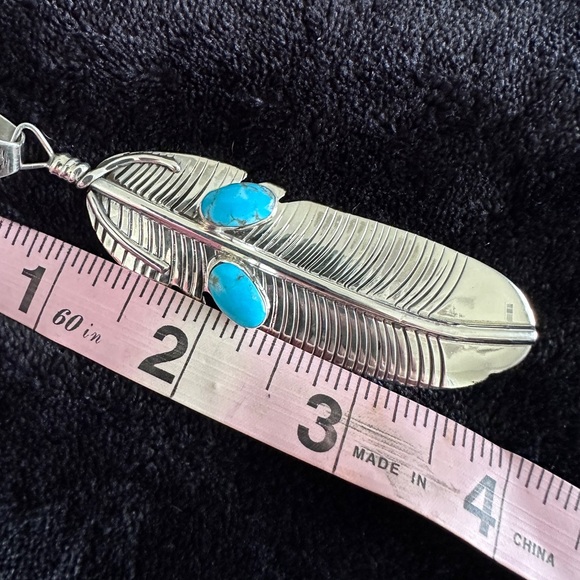 Sterling silver feather with turquoise accents by Desert Rose Trading - Picture 5 of 7